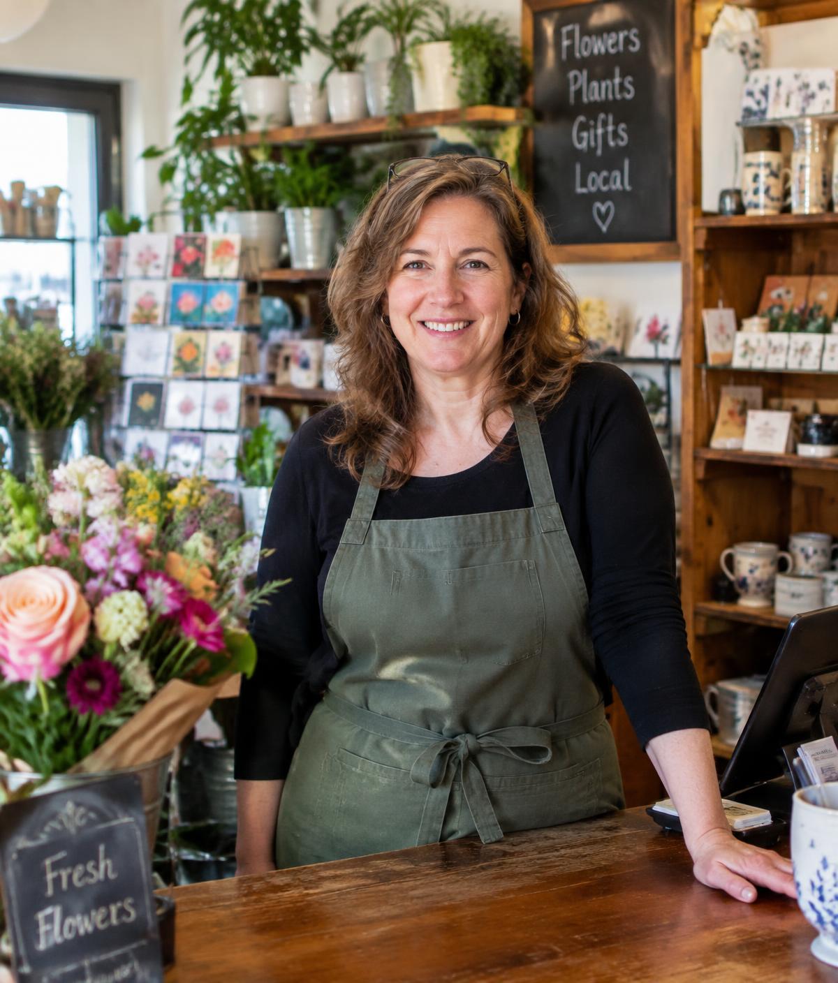 Independent florist shop owner behind her counter